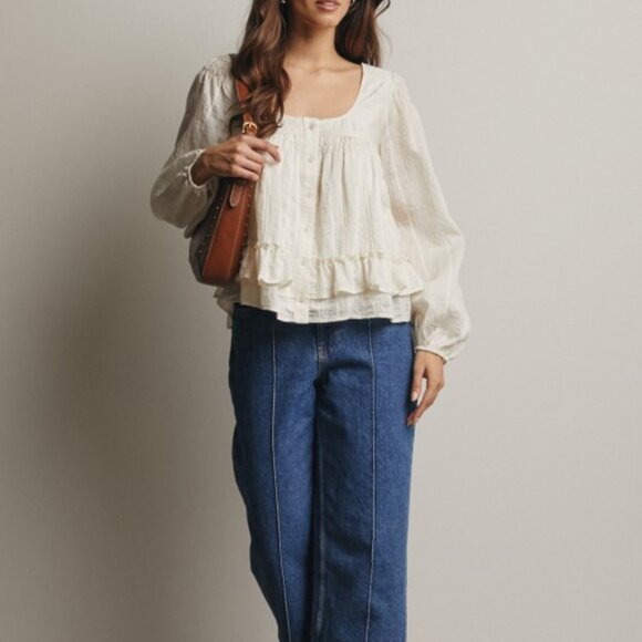 Ruffle Hem Peasant Blouse in Ecru - Picture 2 of 9